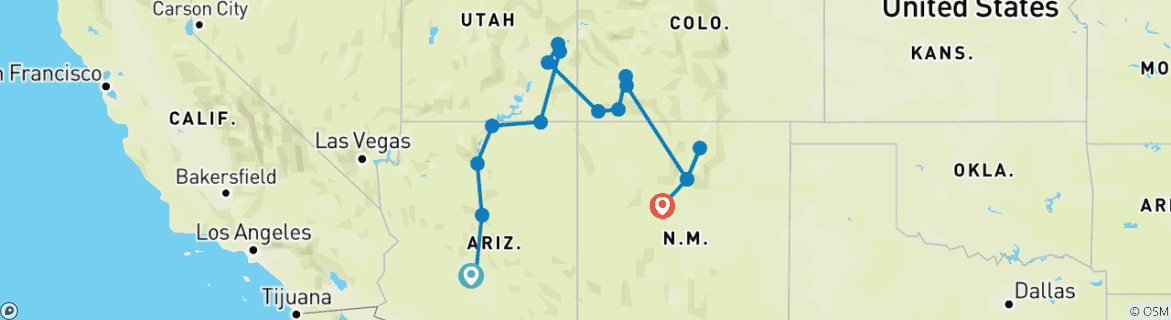 Image of a map showing the route of the tour