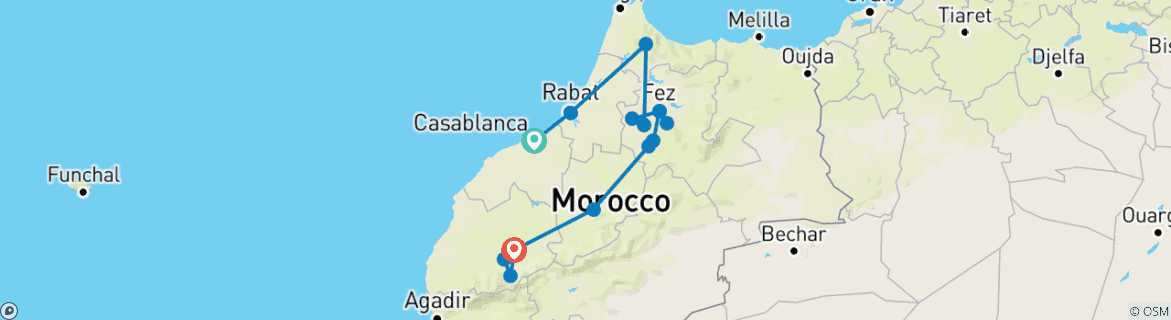 Image of a map showing the route of the tour