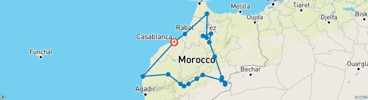 Image of a map showing the route of the tour