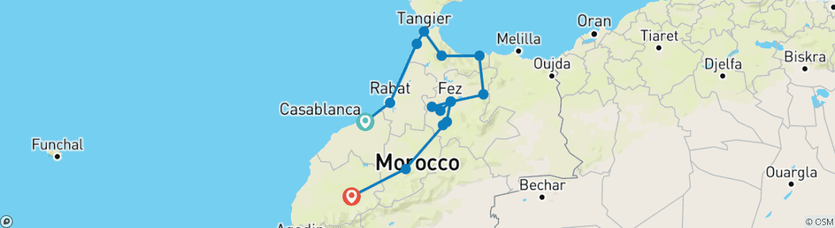 Image of a map showing the route of the tour