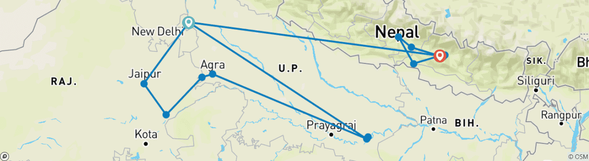 Image of a map showing the route of the tour