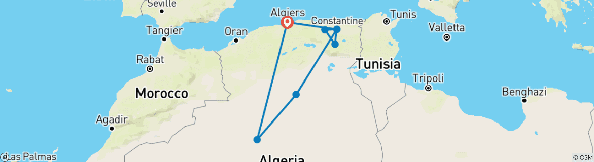 Image of a map showing the route of the tour