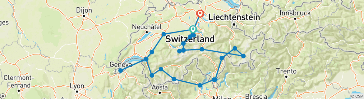 Image of a map showing the route of the tour