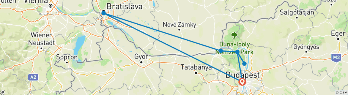 Image of a map showing the route of the tour