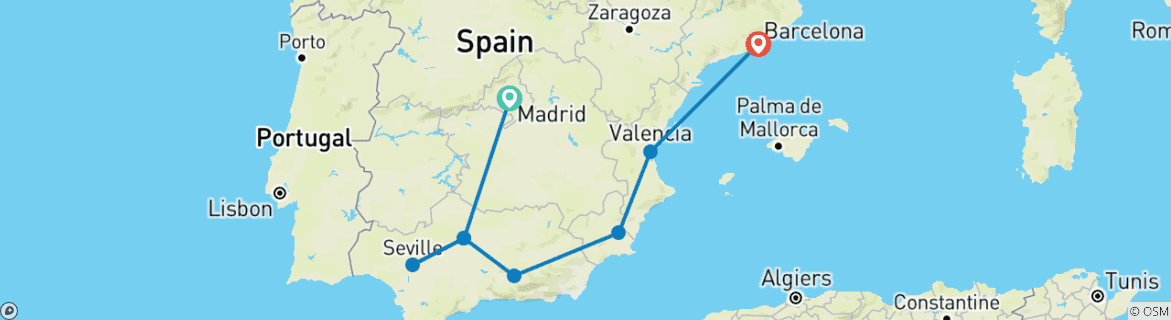 Image of a map showing the route of the tour