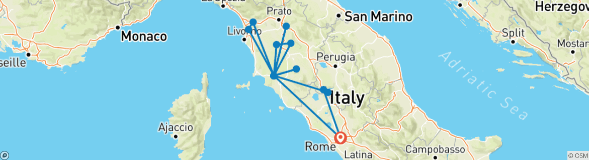 Image of a map showing the route of the tour