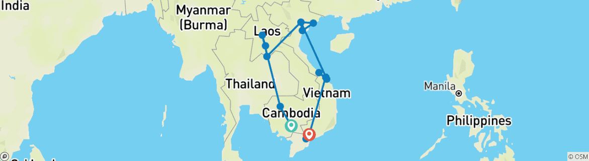 Image of a map showing the route of the tour