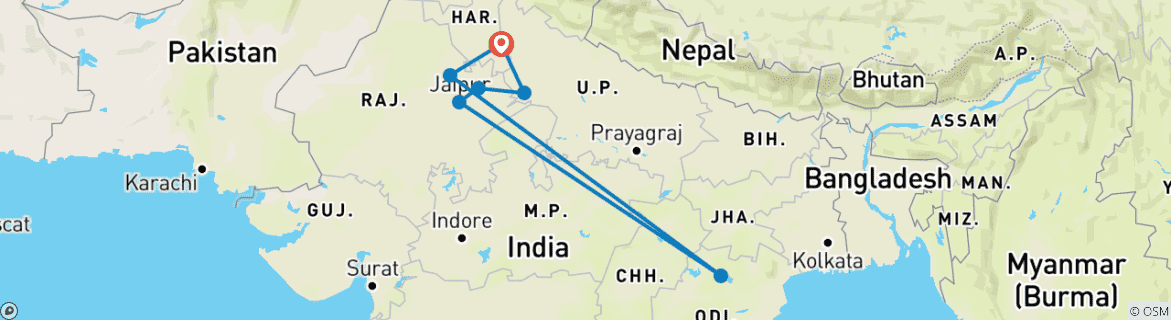 Image of a map showing the route of the tour