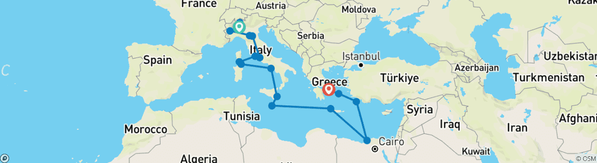 Image of a map showing the route of the tour