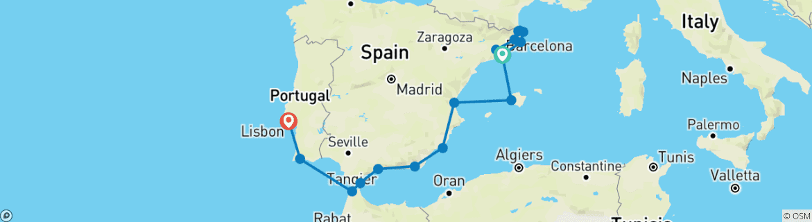 Carte du circuit Catalogne, Ibérie et Maroc - Croisière et voyage à terre