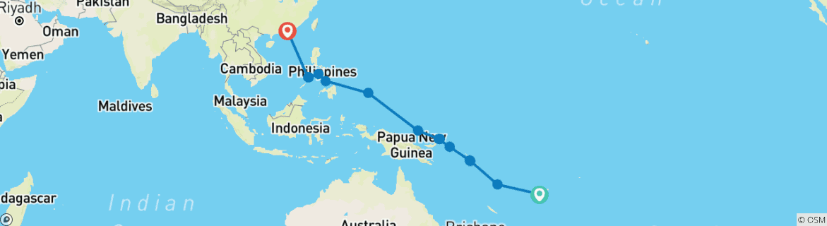 Image of a map showing the route of the tour