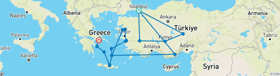Kaart van Oude rijken: Turkije, Istanbul & Athene - Cruise & Landreis