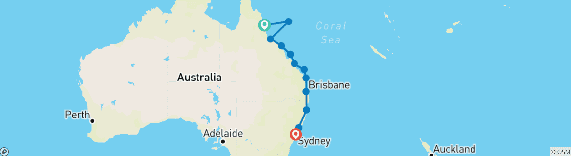 Image of a map showing the route of the tour