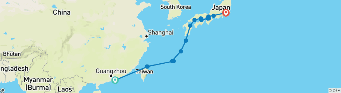Image of a map showing the route of the tour