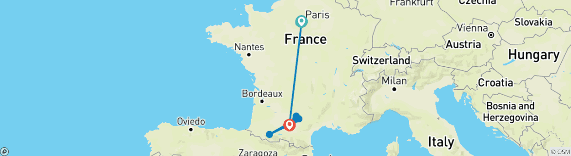 Image of a map showing the route of the tour