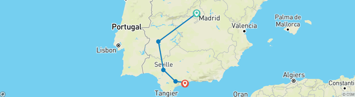 Image of a map showing the route of the tour