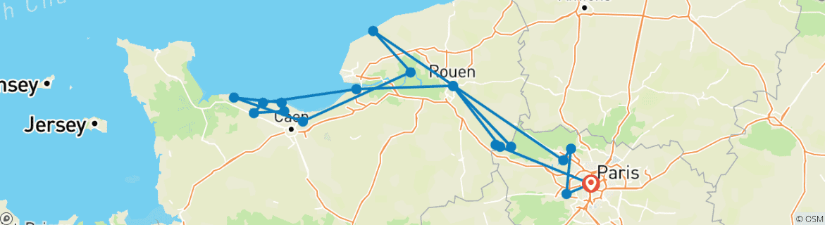 Image of a map showing the route of the tour