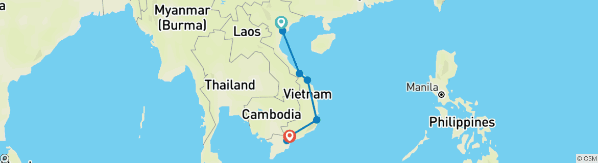 Image of a map showing the route of the tour