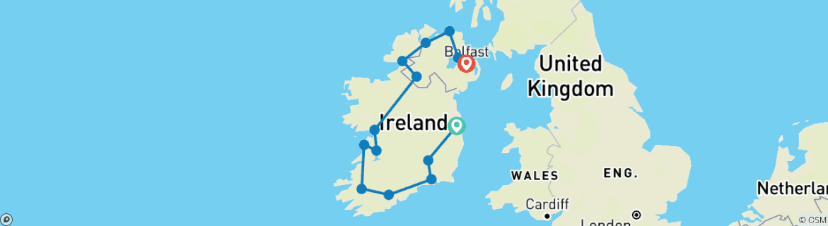 Image of a map showing the route of the tour