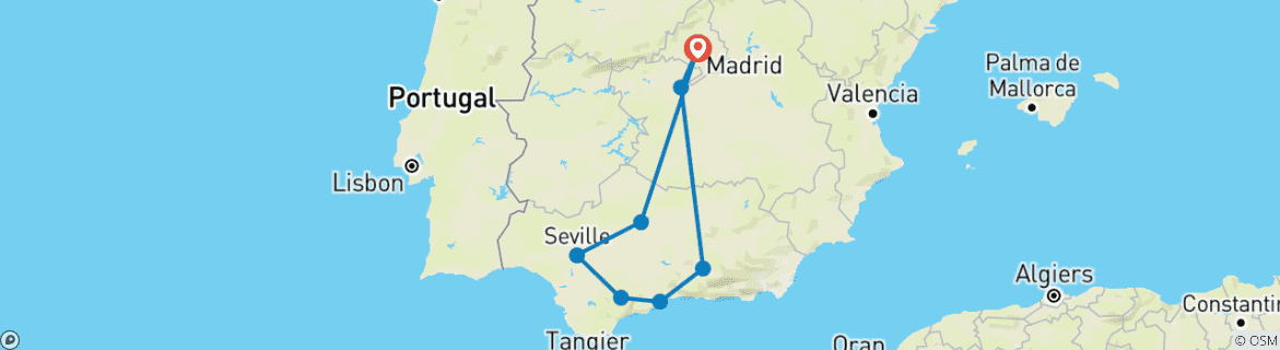 Image of a map showing the route of the tour
