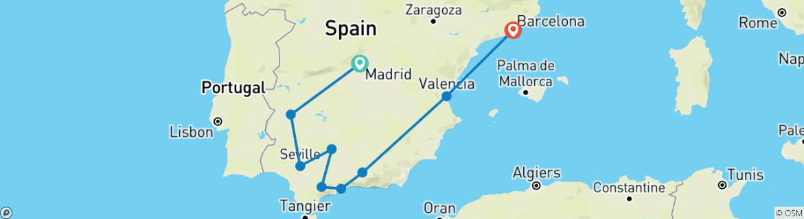 Image of a map showing the route of the tour