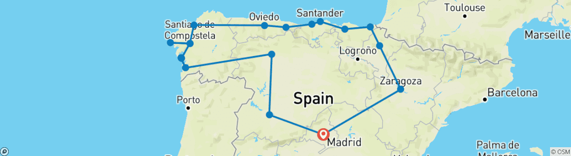 Image of a map showing the route of the tour