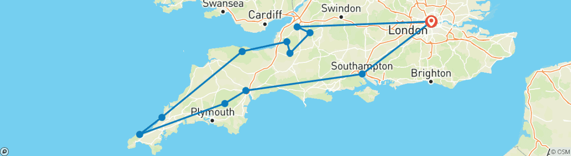 Image of a map showing the route of the tour