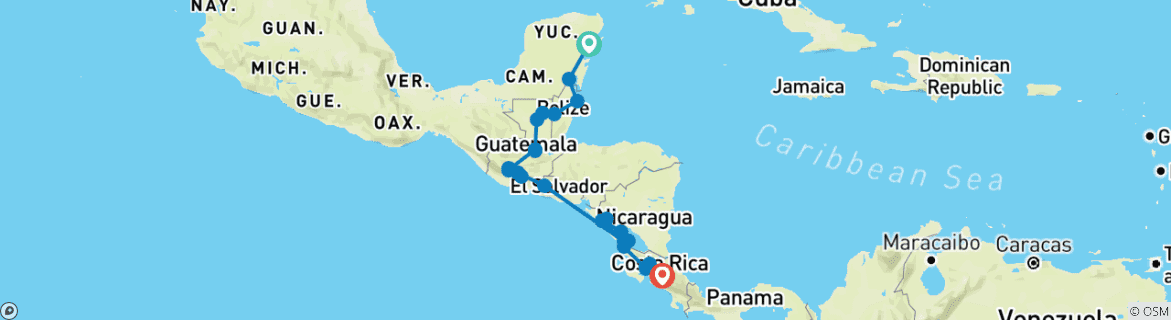 Image of a map showing the route of the tour