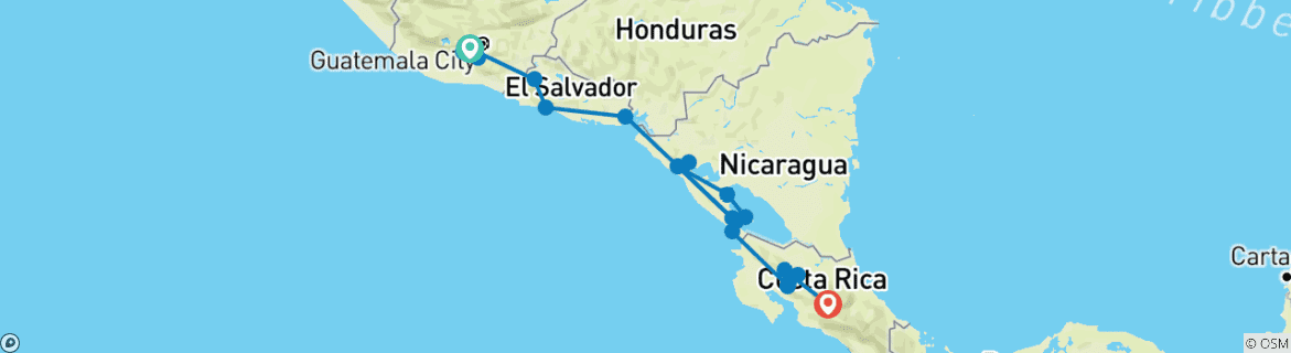 Image of a map showing the route of the tour