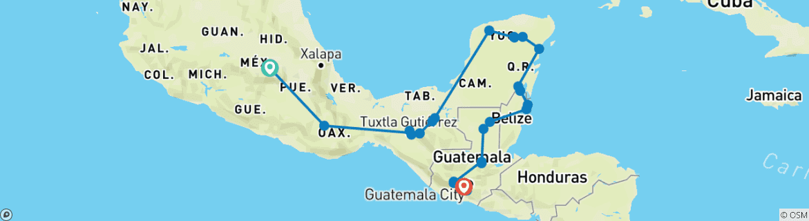 Image of a map showing the route of the tour