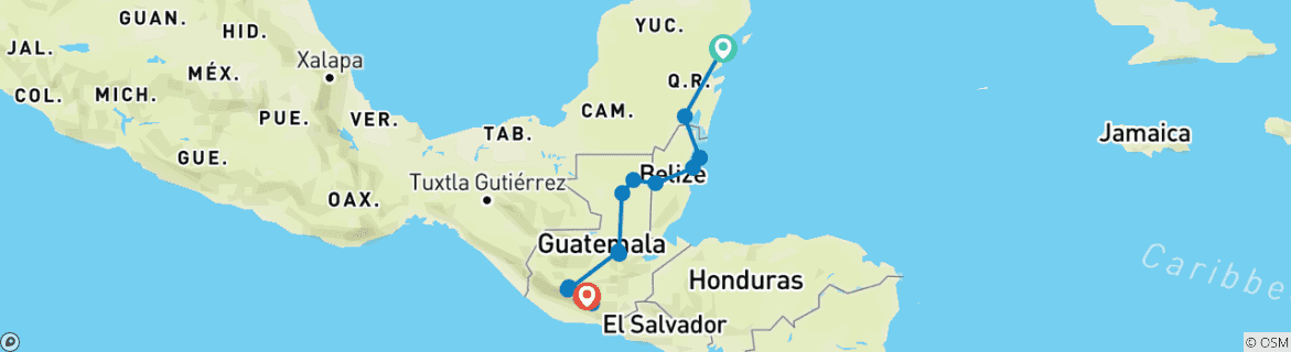 Image of a map showing the route of the tour