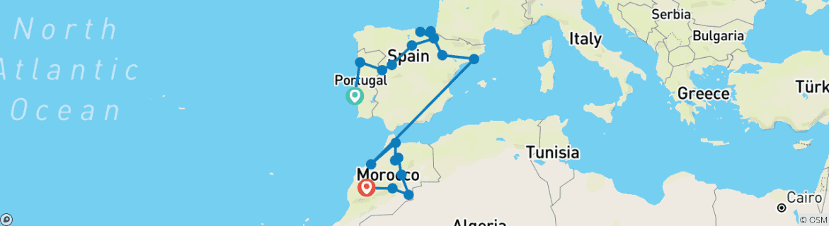 Image of a map showing the route of the tour