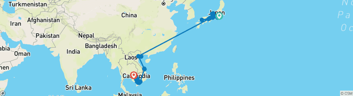 Image of a map showing the route of the tour