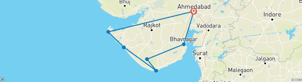 Image of a map showing the route of the tour