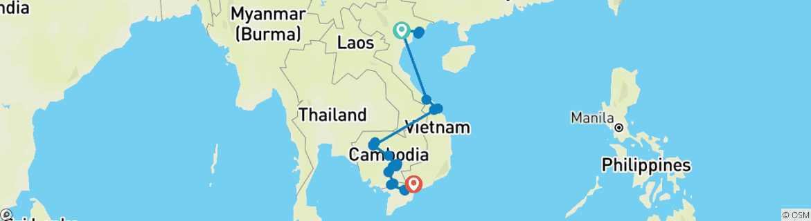 Image of a map showing the route of the tour