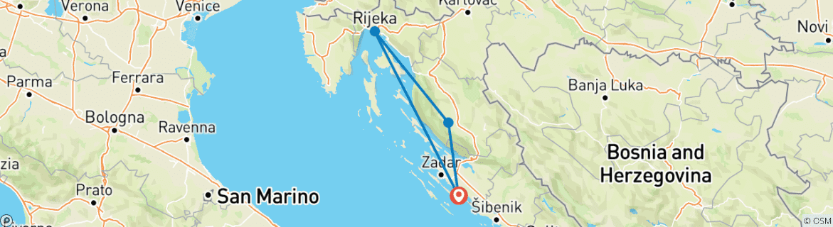 Carte du circuit De Biograd na Moru à la côte supérieure de l'Adriatique et à la Croatie centrale : circuit de 3 jours. Profitez de Senj, un joyau de la côte qui se marie admirablement avec des paysages de montagne spectaculaires. Visitez Rijeka et Ogulin. Beaucoup …
