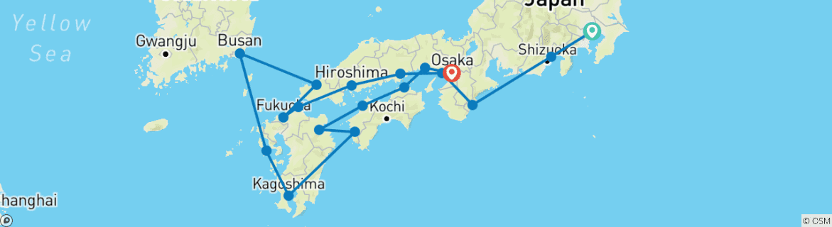 Image of a map showing the route of the tour