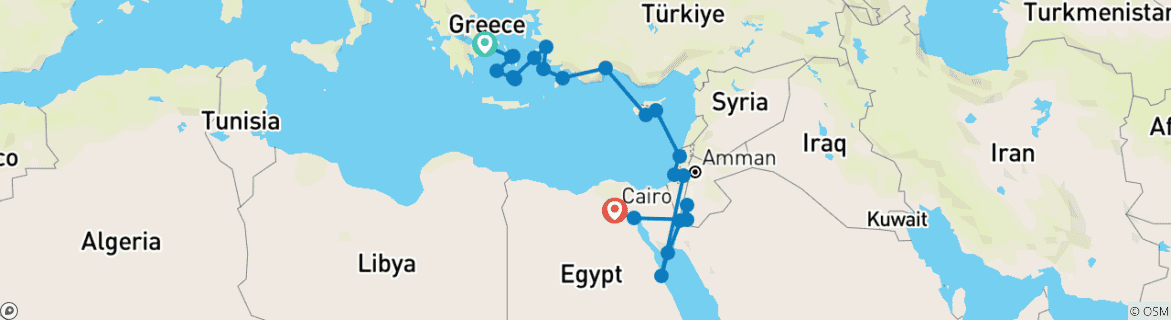 Image of a map showing the route of the tour