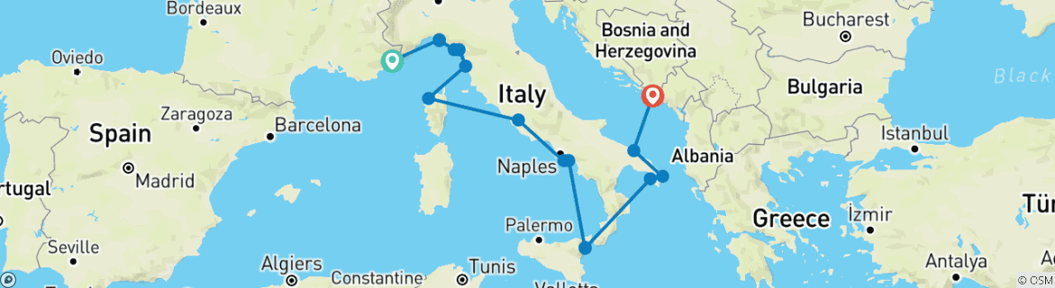 Carte du circuit Découvrez les côtes françaises et italiennes