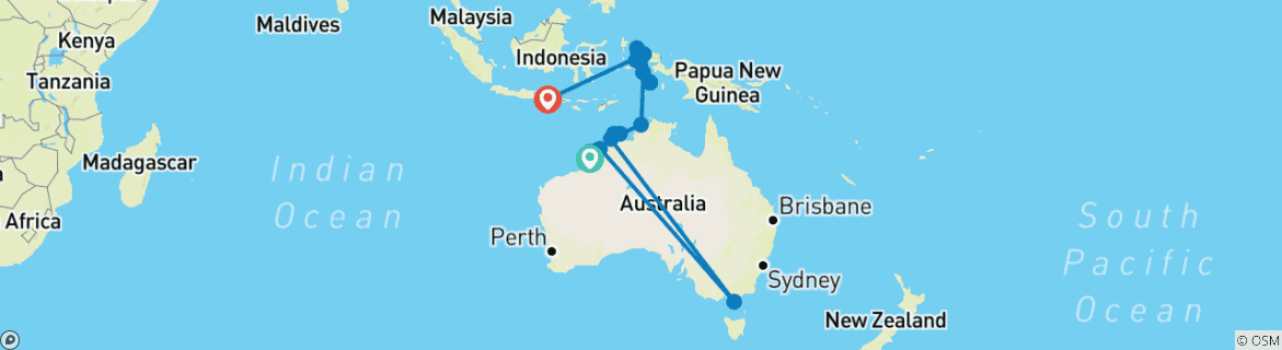 Image of a map showing the route of the tour