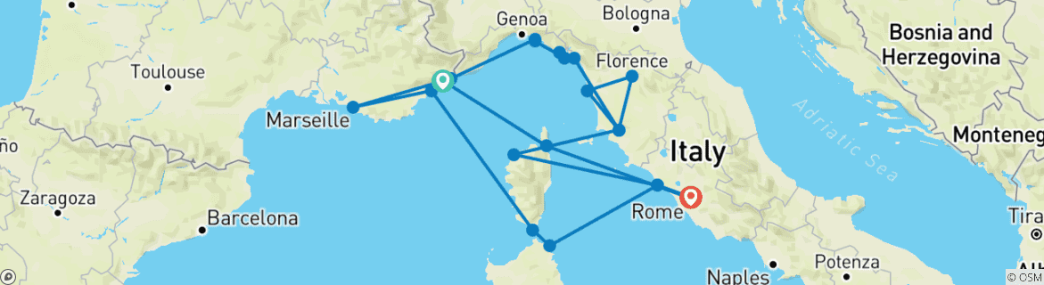 Image of a map showing the route of the tour