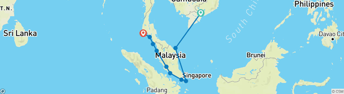 Image of a map showing the route of the tour