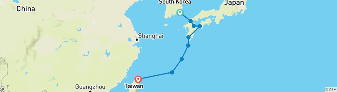 Image of a map showing the route of the tour