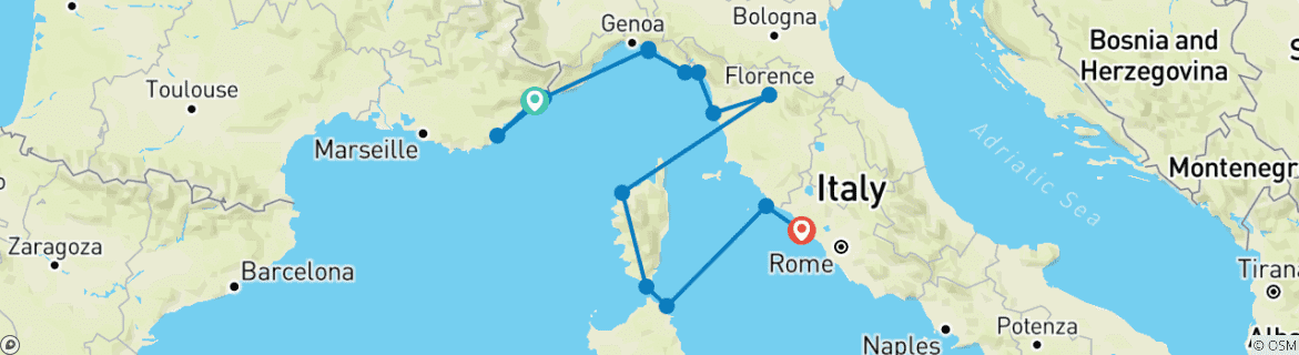 Image d'une carte montrant l'itinéraire du circuit