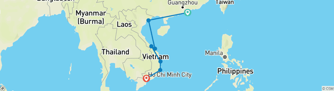 Image of a map showing the route of the tour