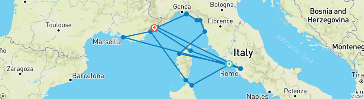 Image of a map showing the route of the tour