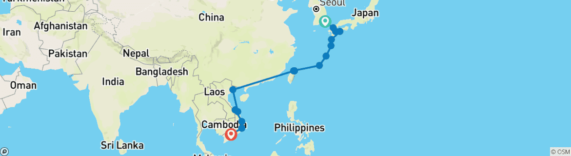 Image of a map showing the route of the tour