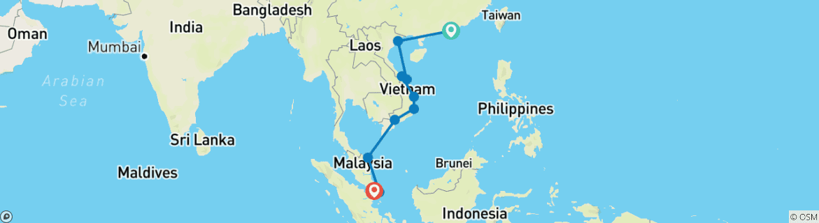 Image of a map showing the route of the tour