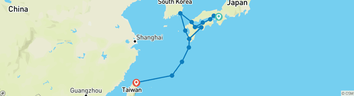 Image of a map showing the route of the tour