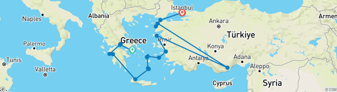 Image of a map showing the route of the tour
